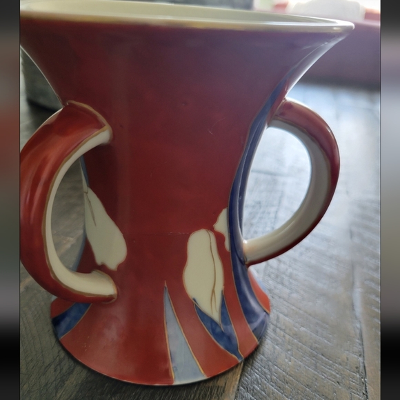 Koransha co. signed orchid mark 1930s Japanese Fukagawa Triple 3 Tri Handle Vase - Picture 3 of 9